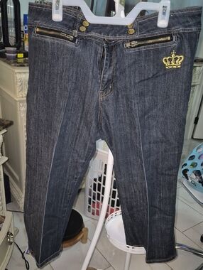 Old School Dark Denim Women Jeans with Gold Crown Embroidery